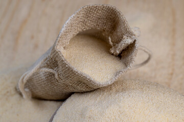 Semolina poured into a cotton bag ready for cooking