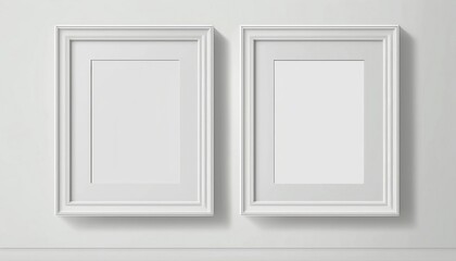 Picture frame mockup. Set of two vertical white frames on white wall background. Empty, blank template for artwork, painting or poster.