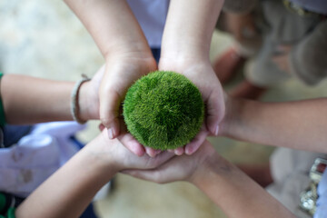 world environment day In hand holding green globe on green bokeh background. environmental protection And environmental sustainability. Save the earth. Earth day environment concept.