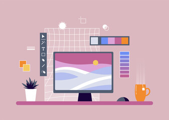 Desktop illustrator, designer, photographer. Workplace of the artist. World graphics day postcard.