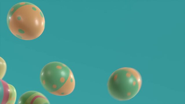 Colorful easter eggs on blue background bouncing playfully. 3d animation