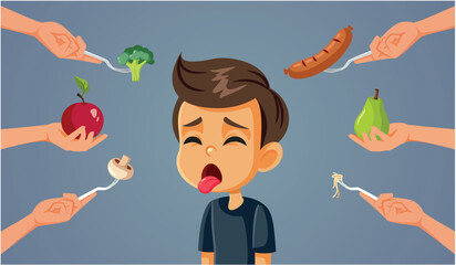 Picky Eater Feeling Sick Refusing All Foods Vector Cartoon. squeamish child feeling disgusted by meal options rejecting everything 
 - obrazy, fototapety, plakaty