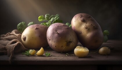 A rustic and earthy display of organic potatoes on a wooden table, Generative Ai
