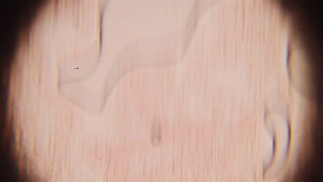 Part of the lens is blurred on the sides. Blood cells are moving in liquid. Close up view under the microscope.