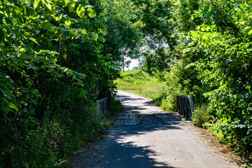 Beautifully standing old wooden bridge over river in colored background close up