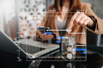 businessman holding coins putting in glass with using smartphone and calculator to calculate concept saving money for finance accounting