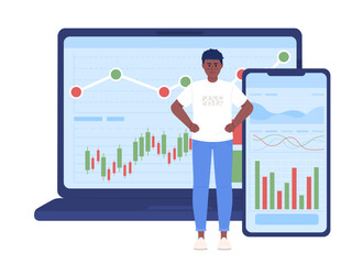 Online broker using different investing platforms flat concept vector spot illustration. Editable 2D cartoon character on white for web design. Creative idea for website, mobile, magazine