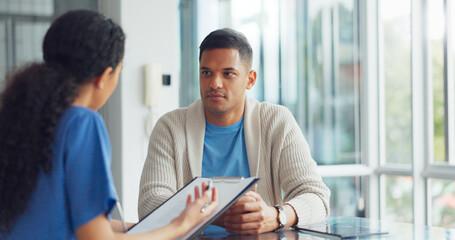 Patient consultation, clipboard and nurse doctor consulting man about health, results or hospital...