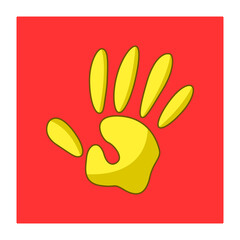 Obraz premium Yellow handprint on a red background. Holi vector illustration. 