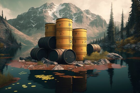 an illustration of radioactive toxic waste barrels dropped at a mountain lake. environmental disaster.  water pollution. generative ai
