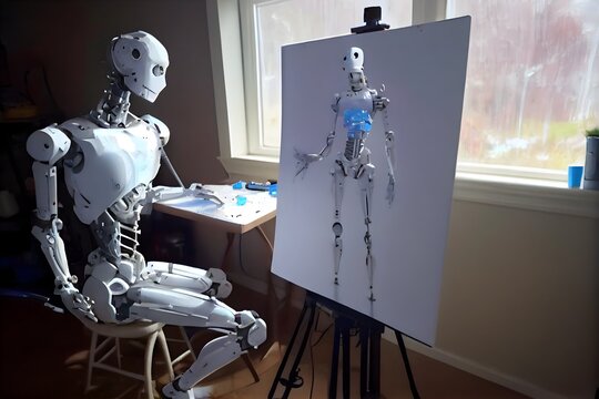 自宅で絵を描く AI ロボットのイラスト、ヒューマノイド ロボット、AI 描画アートワーク、ジェネレーティブ ai アーティスト,  generative ai