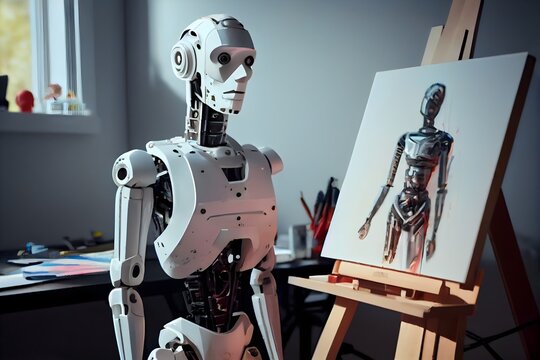 自宅で絵を描く AI ロボットのイラスト、ヒューマノイド ロボット、AI 描画アートワーク、ジェネレーティブ ai アーティスト,  generative ai