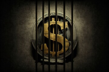 an illustration of a dollar bill symbol locked behind bars. 