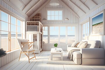 modern living room, An light wooden summer beach house