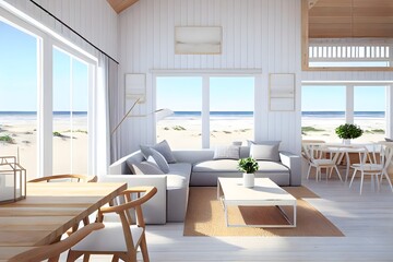 modern living room, An light wooden summer beach house