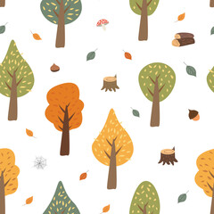 Seamless pattern with the image of autumn trees and other elements of the forest. Cartoon style.