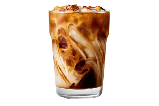 A glass of iced coffee with a spoon and rock on a dark background