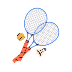 Tennis rackets, ball, badminton shuttlecock. Crossed racquets, sport game equipment, supplies for playing tenis. Flat graphic vector illustration isolated on white background - obrazy, fototapety, plakaty