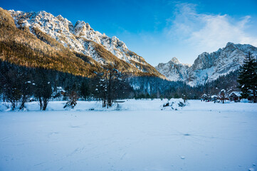 Kranjska Gora lake and snowy panorama. Slovenia