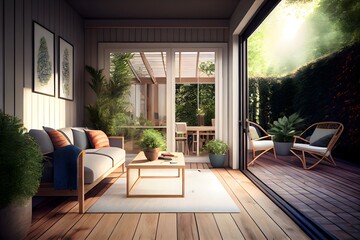 Obraz premium 庭の家具、generative AI、サマー テラスのデザイン、木製のテーブルの外と豪華な庭の外観を備えた居心地の良いパティオ エリアの現代的なインテリア