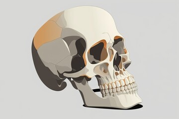 An exposed human skull with an open jaw in front, against a white background. Generative AI