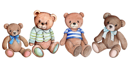Watecolor illustration of cute pretty teddy bear, toy plush bear, cartoon animal. Isolated. Hand painted.