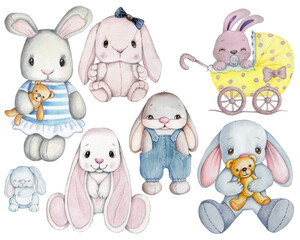 Watecolor illustration of cute pretty bunny rabbit hare, cartoon animal. Isolated. Hand painted.