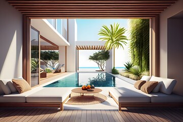 ビーチのラウンジチェア、generative AI、島での日光浴のコンセプトとライフスタイル、夏の家具とデッキ