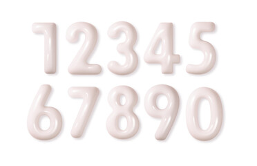 White numbers inflated pastel glossy set from 0 to 9 isolated. 3d realistic vector numbers from balloon