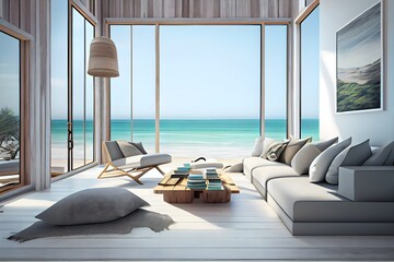 contemporary interior of Living beach lounge ocean view, generative ai