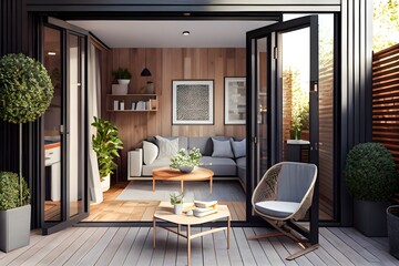 the contemporary interior of Cozy patio area with garden furniture, generative ai, summer terrace design, outside wooden table and luxury yard exterior