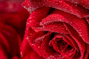 Beautiful fresh red rose in water drops