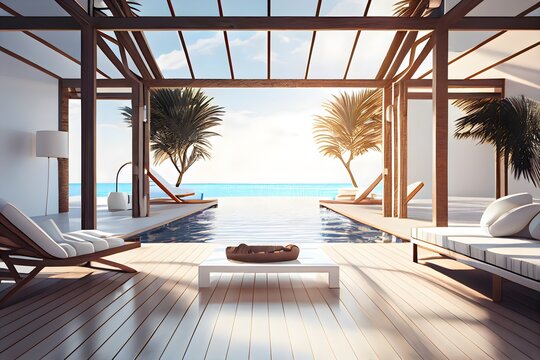 luxuriöser blauer Swimmingpool, für Urlaub und Urlaub im Freien, Spaß und Entspannung, Badeort, generative ai, schönes Sofa am Strand im Freien mit Swimmingpoolwasser