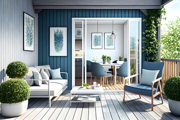 contemporary interior design of a warm and inviting patio space with a garden interior, generative ai,  blue and white colour theme