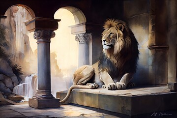 illustration of Daniel in the lions den, generative ai - obrazy, fototapety, plakaty