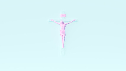 Obraz na płótnie Canvas Pink Jesus Christ Crucifix Cross Blue Background Easter Religion Symbol 3d illustration render 