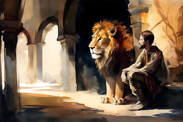 illustration of Daniel in the lions den, generative ai - obrazy, fototapety, plakaty