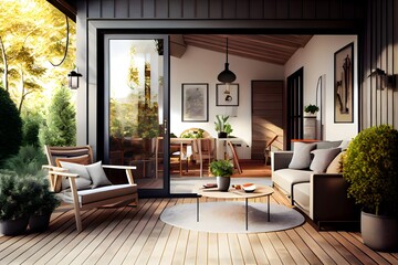 contemporary interior design of a warm and inviting patio space with a garden interior, generative ai, wooden theme
