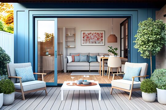 contemporary interior design of a warm and inviting patio space with a garden interior, generative ai, blue colour theme