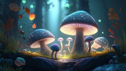 Fototapeta na wymiar Magic mushrooms in a fairy forest. Generative AI illustration.