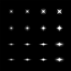 Sparkle light effect stars set on black background. Vector