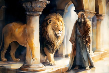 Daniel and the Lions, watercolor art, generative ai - obrazy, fototapety, plakaty