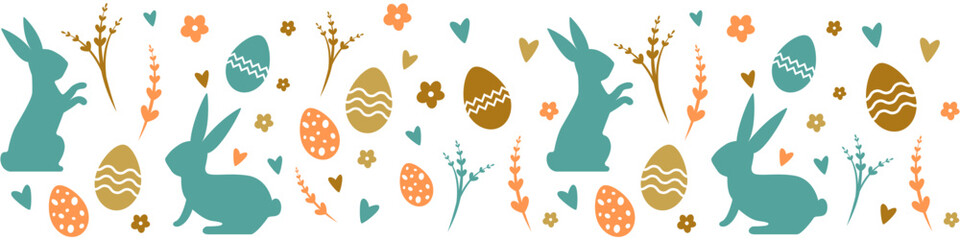 Easter pattern in pastel colors with bunnies and eggs on a white background. Modern minimalistic style. Design for your postcards or textiles. Vector horizontal pattern EPS 10