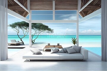 Fototapeta na wymiar Living beach lounge ocean villa on Sea view for vacation, generative ai