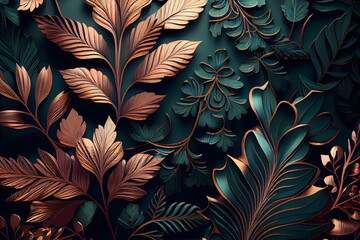 Fototapeta na wymiar Blumennahtlose smaragdgrüne und metallische Kupferpflanze, generative ai, Illustration abstrakter Sommer-Vintage-Blatttapeten