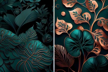 Floral seamless emerald green and metallic copper plant, generative ai, illustration of abstract summer vintage leaf wallpaper