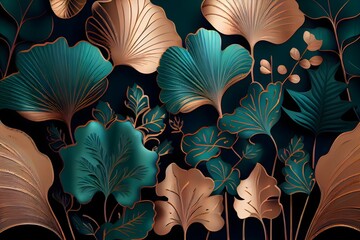 Floral seamless emerald green and metallic copper plant, generative ai, illustration of abstract summer vintage leaf wallpaper
