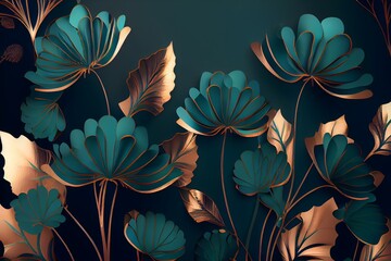 Floral seamless emerald green and metallic copper plant, generative ai, illustration of abstract summer vintage leaf wallpaper