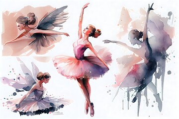 Watercolor isolated dancing ballerinas. Hand-drawn classic ballet performance. generative ai, Painting set of young women in pink dress.
