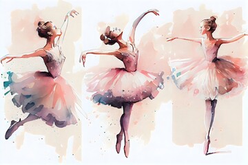 水彩は、踊るバレリーナを分離しました。手描きのクラシック バレエのパフォーマンス。generative ai、ピンクのドレスを着た若い女性の絵画セット。